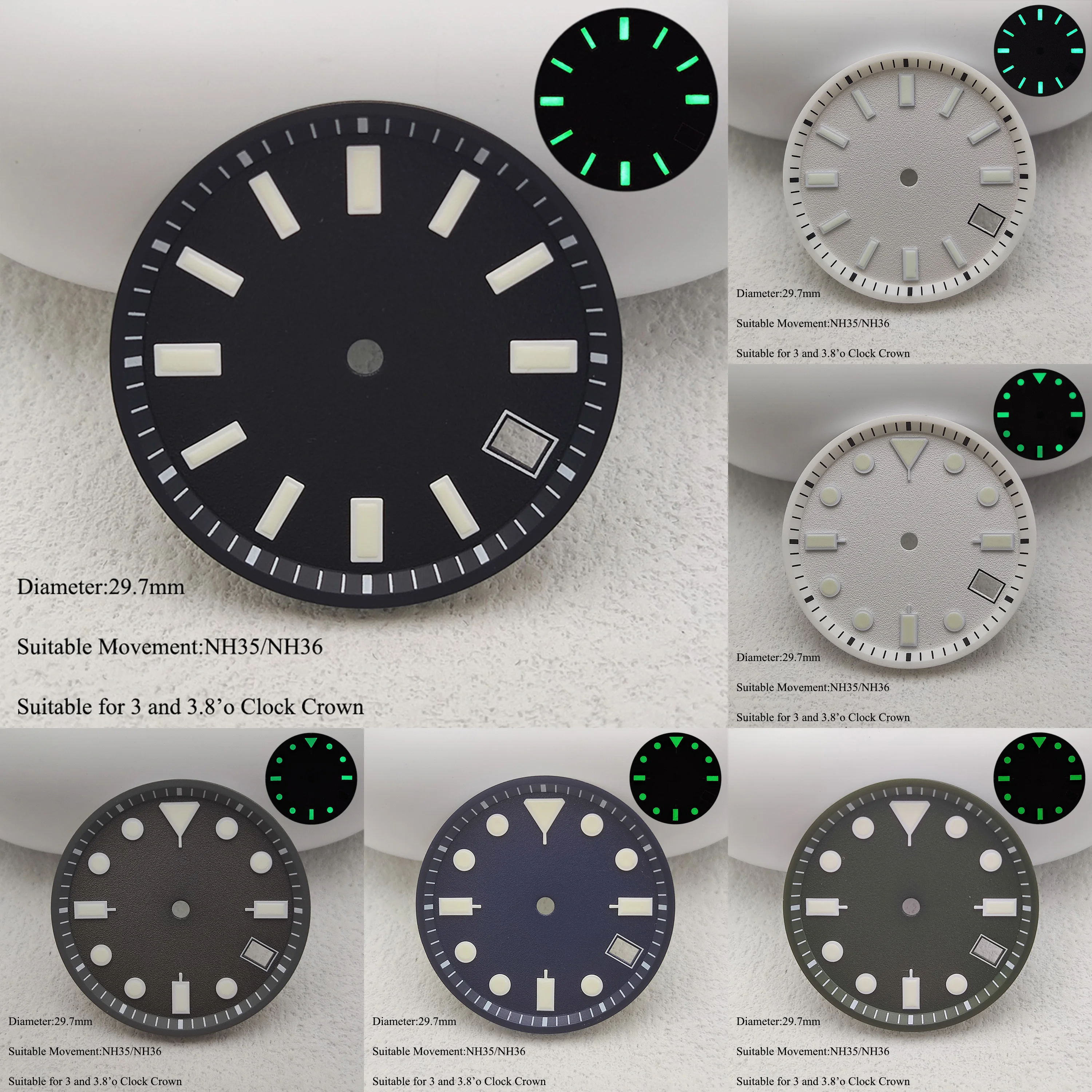 29.7mm watch dial green Luminous NH35 dial Replacement watch accessory fits NH35/NH36 movements Logo Pattern customization ﻿