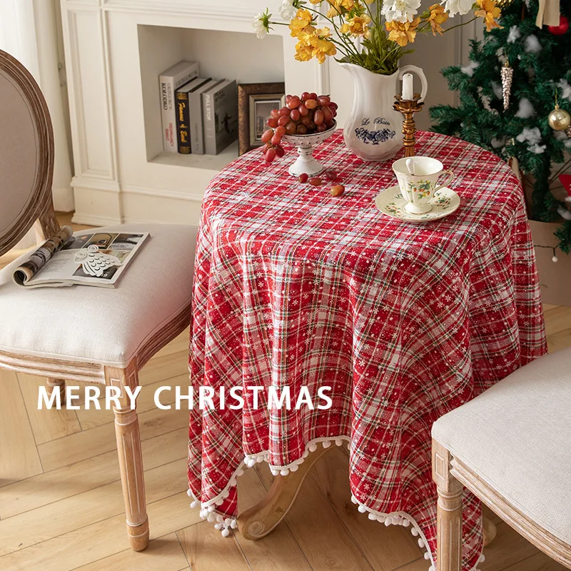 

Красно-белая клетчатая рождественская скатерть со снежинками, зимняя праздничная скатерть для прямоугольной вечеринки, столовой, фермерского дома, кухни, декор