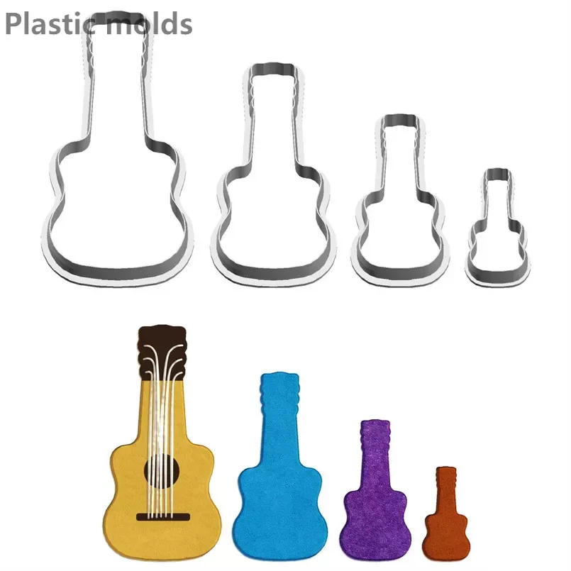 Four Specification Rock Musical Instruments Country Folk Guitar,Plastic Mold,Cake Fondant Tools,Cookie Sushi and Fruits Cutters