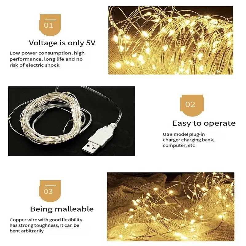 USB LED String Light 1M 3M 5M 10M Fairy Christmas Lights Copper Wire Wedding Garland Lights for Christmas Party Decoration