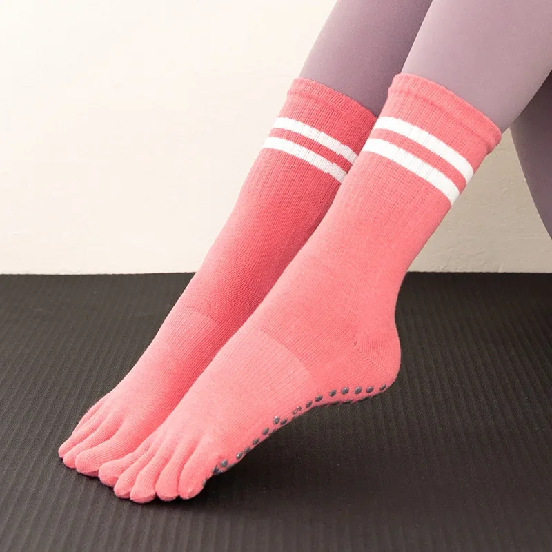 

Rib Cotton Mid-tube Yoga Socks Five-toed Socks Non-slip Pilates Socks Fitness Stripe Sports Socks Dance Socks for Girls Freesize