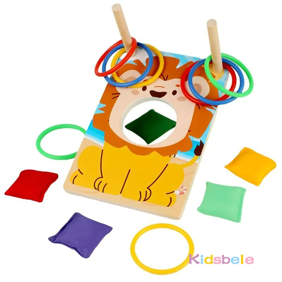 Montessori Kids Wooden Ring Throwing Sandbag Game 2 in 1 Hand-Eye Coordination Skill Multiplayer Puzzle Game Indoor Outdoor Toy