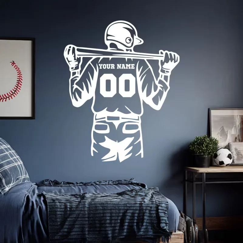 1pc Personalized Baseball Player Vinyl Wall Decal Custom Name and Number Batter Silhouette Sticker for Wall, Office, Gym, Garage