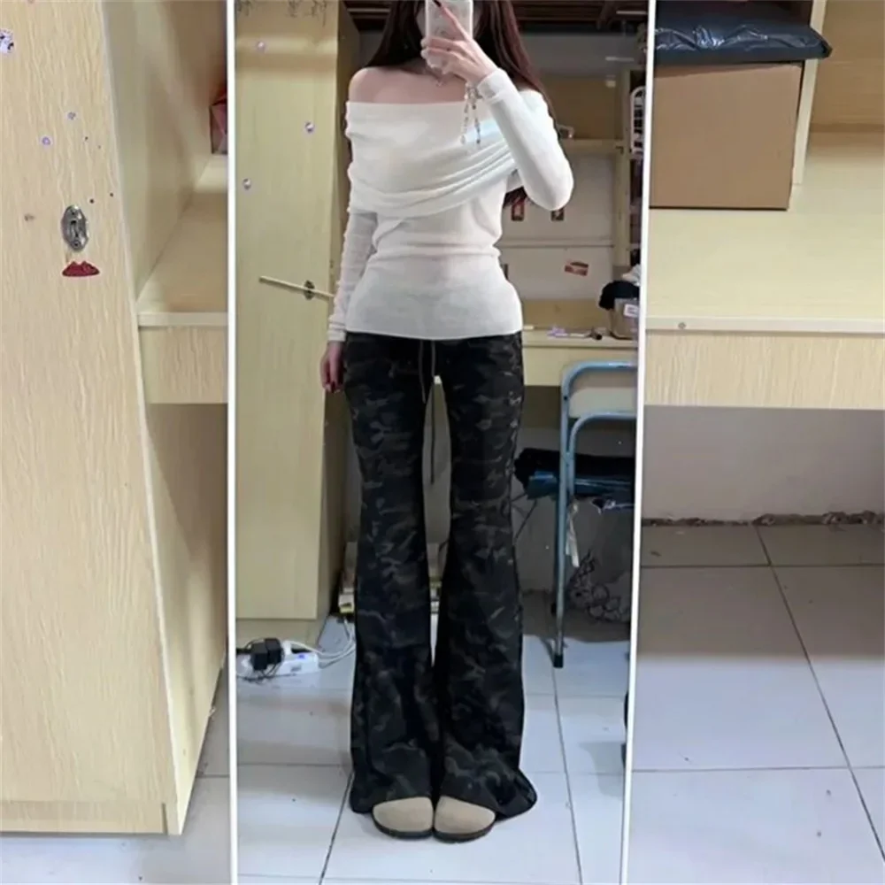 منخفضة الخصر التمويه ملابس العمل سراويل تقليدية فضفاضة التخسيس جرس قيعان للنساء الصيف واسعة الساق مستقيم سراويل طويلة