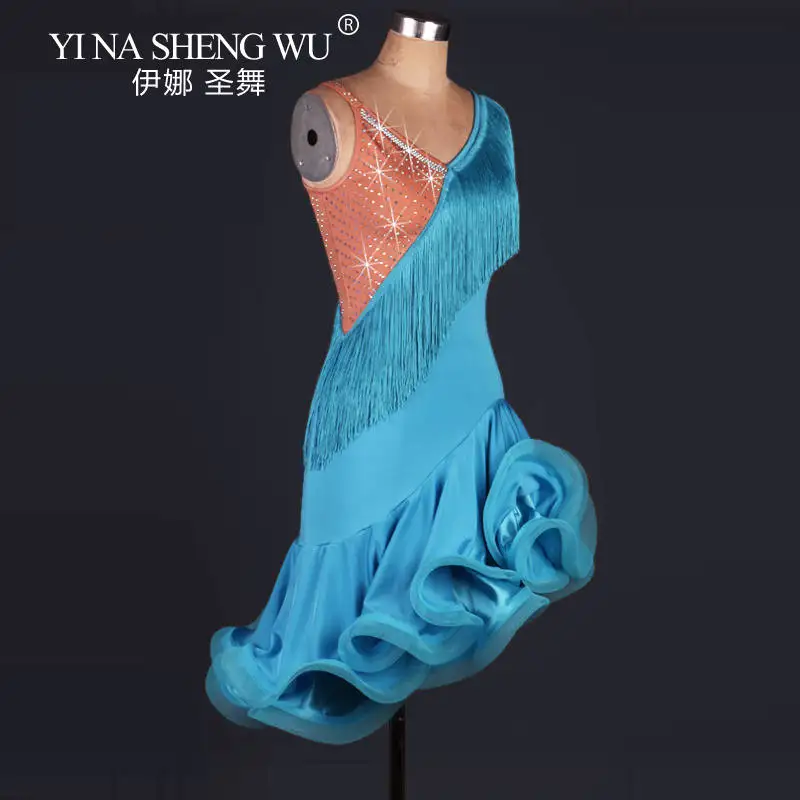 Abito da ballo latino di fascia alta da donna Costume da competizione di ballo latino professionale con nappa di diamanti Gonna a lisca di pesce Abito da ballo Samba