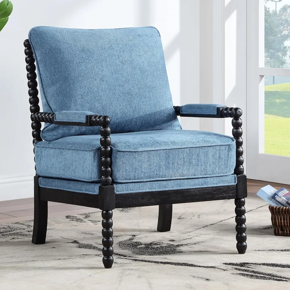 Linen Spindle Upholstered Chair, Modern Upholstered Spool Chair with Upholstered Spring Seat and Brushed Blue Base