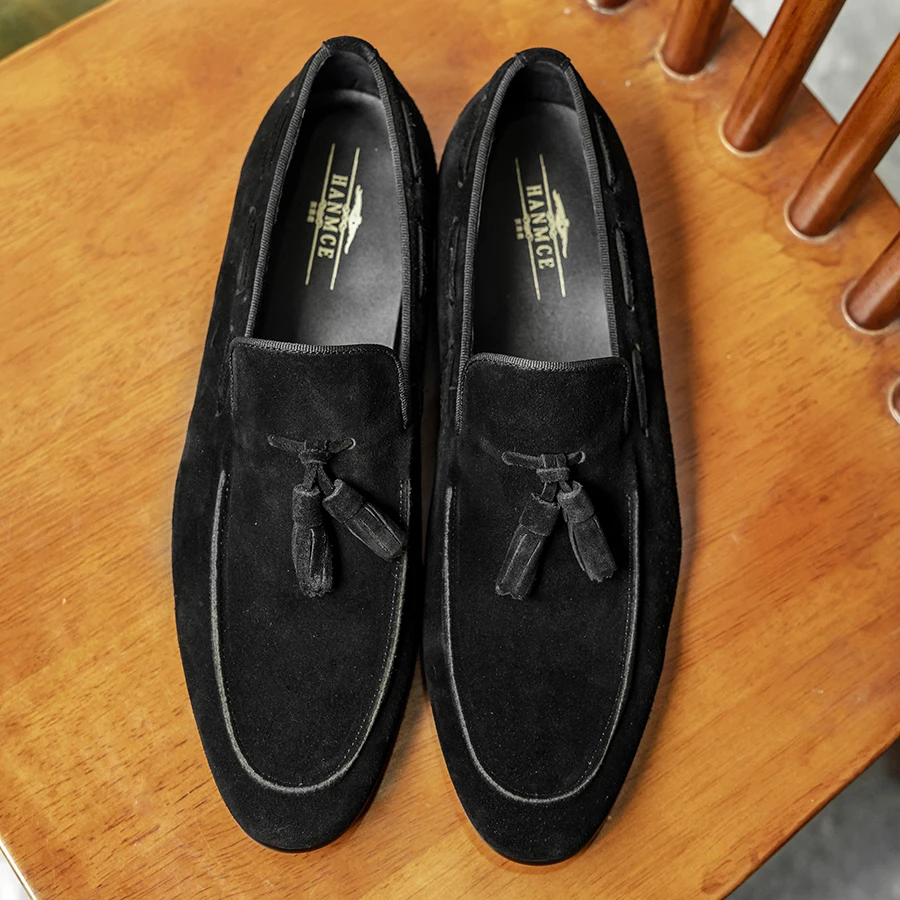 2025Hanmce Fashion Sued England Casual Shoes Hand Made Luxury Loafers Genuine Leather Men