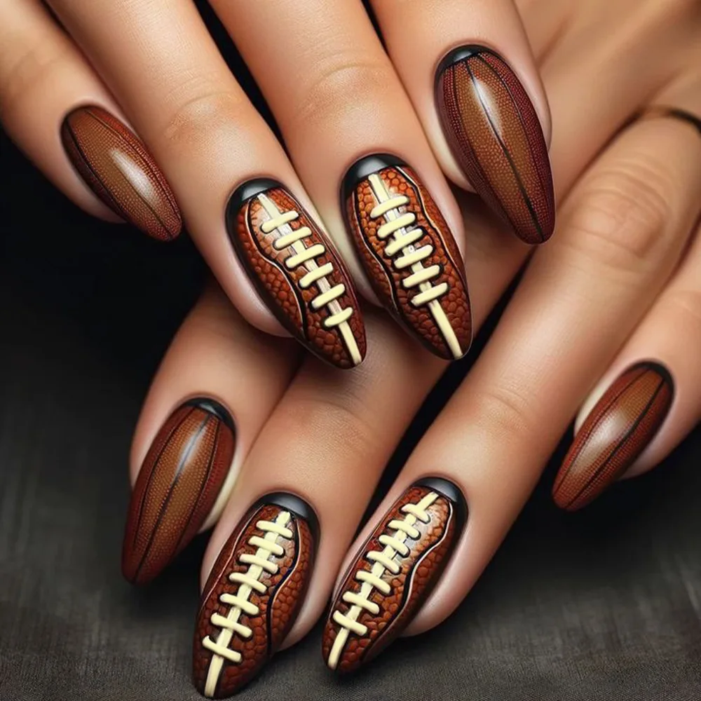 Press on Nails with Rugby Pattern False Nails for Sport Lover Mid-length Almond Nails Set Press on Full Cover False Nails Tips