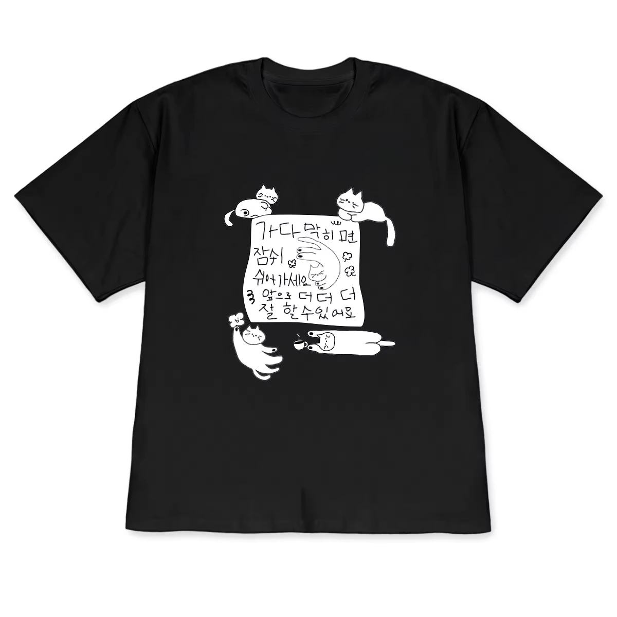 Minimalist Korean Cat Print T-shirt Short-sleeved Graphic Tee Funny Hand-drawn Casual Stylish Kawaii Crew Neck Y2k Tees Unisex
