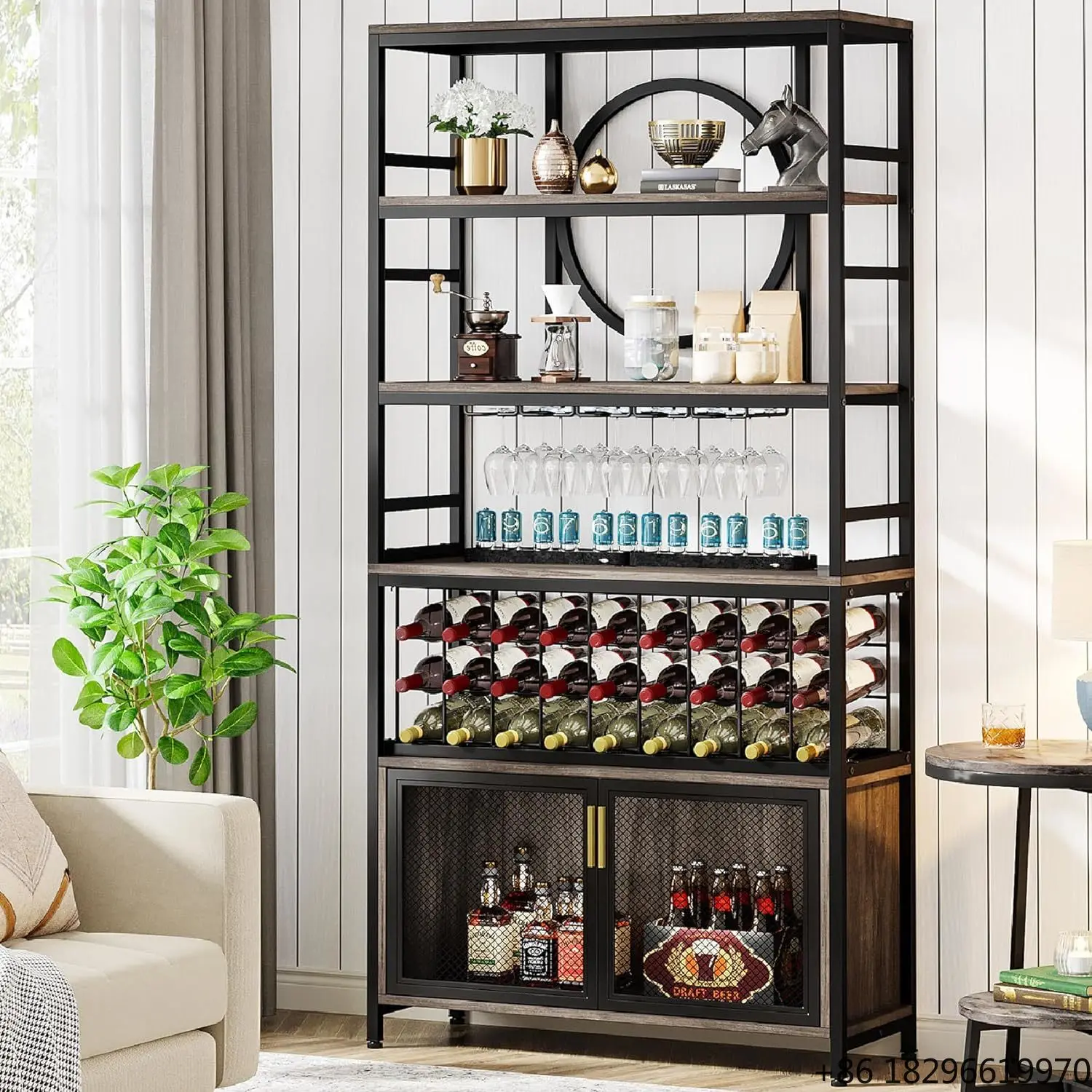 

75 Inch Tall Wine Bar Cabinet Wooden Large Capacity Liquor Cabinet Wine Bakers Rack Home Storage Display Furniture