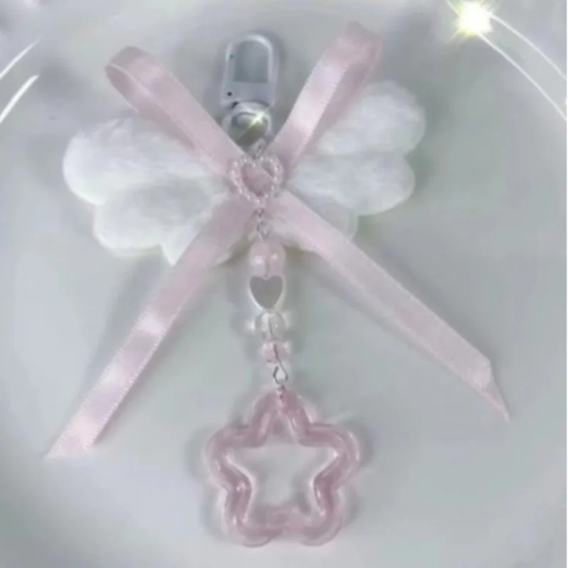 Pink Butterfly Wig Beads Pendant Badge Holder Keychain Decorations Cellphone Cards Organizer Book Oranment