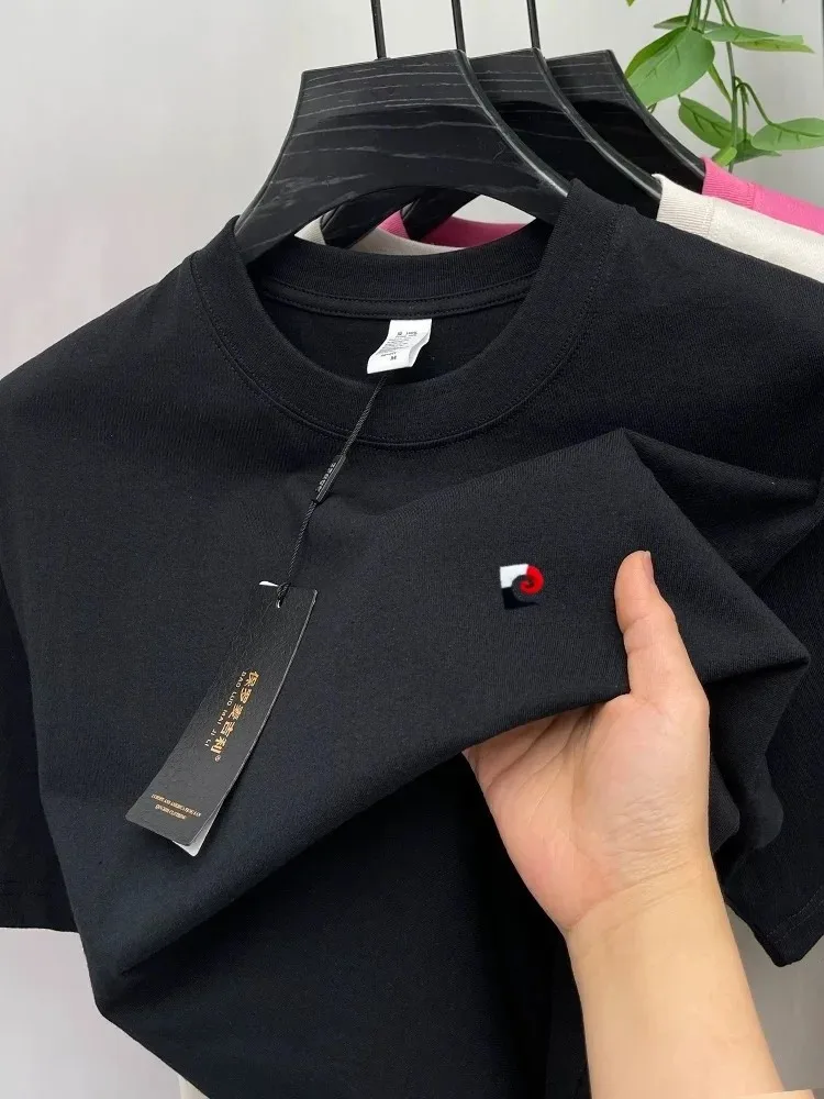 100% pure cotton short sleeve round neck top high-end brand men's summer fashion embroidery soft breathable solid color T-shirt