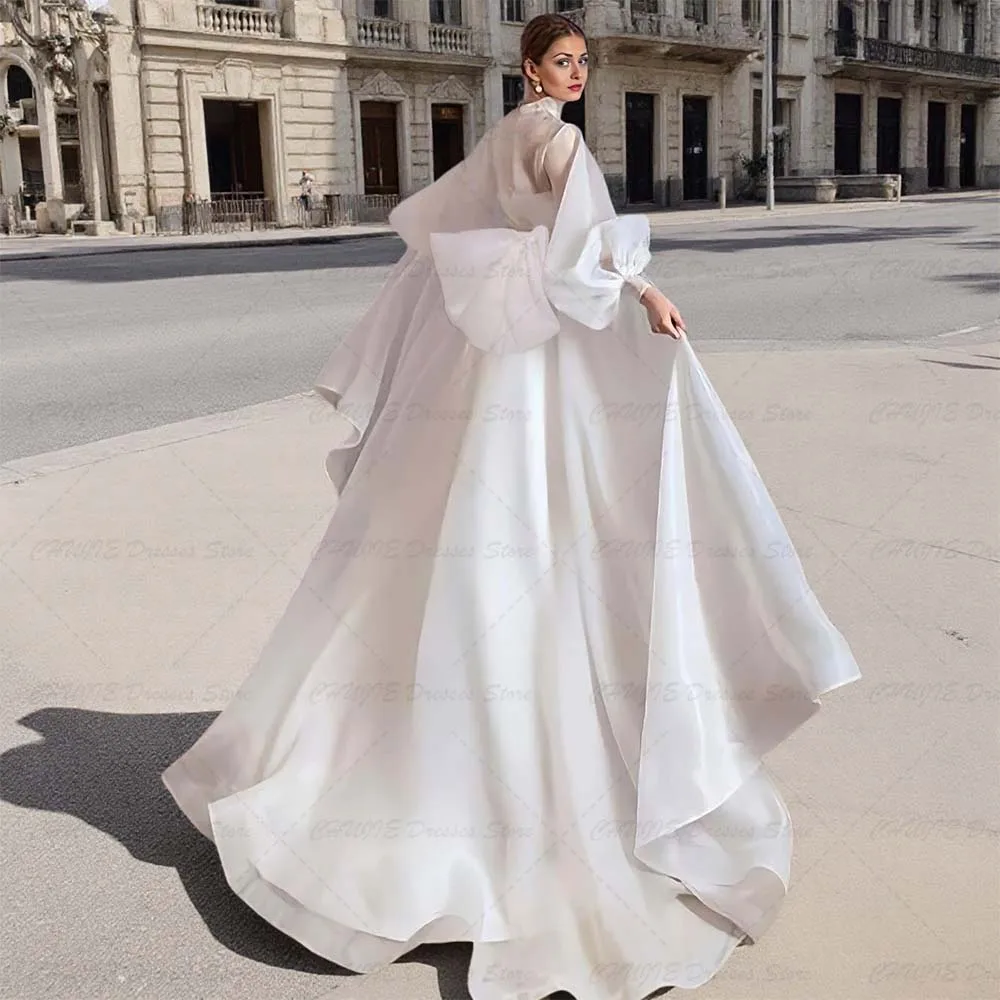 Weiße Brautkleider mit Puffärmeln 2025, mit Schleife, Dubai-Organza-Abschlussballkleid, maßgeschneiderte Abendkleider von Arabia, marokkanisches Partykleid