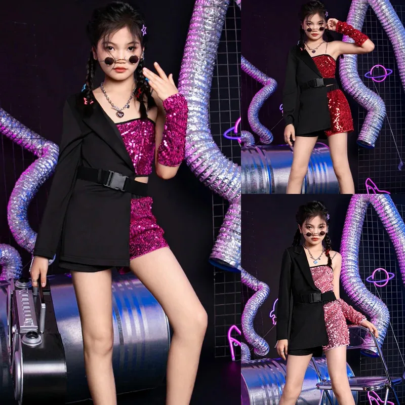 

3 Colors Single Sleeve Sequins Suit Children'S Hip Hop Clothing Girls Jazz Dance Costumes Kids Kpop Outfit Stage Wear XS7842