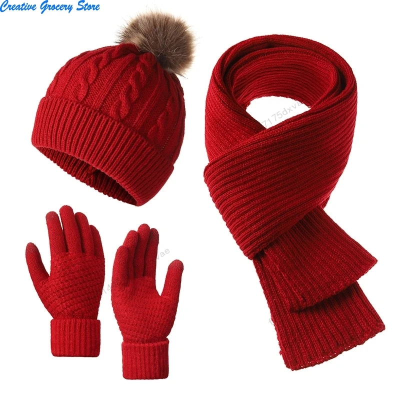 New Year Christmas Red Hat Scarf Gloves 3 Pieces Set Autumn Winter Outdoor Windproof Warm Knit Muffler Hats and Caps for Women