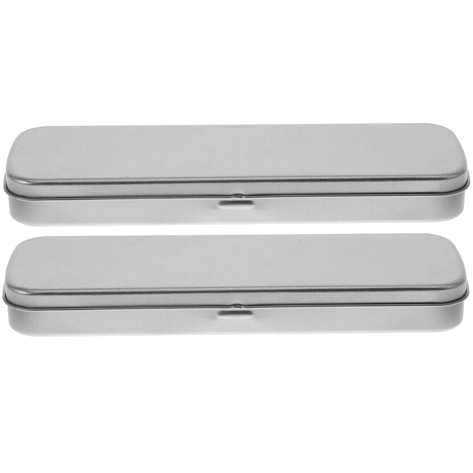 

2pcs Silver Gray Tinplate Stationery Box Long Rectangle Matte Finish Visual Window For School Supplies Storage Organizer Metal