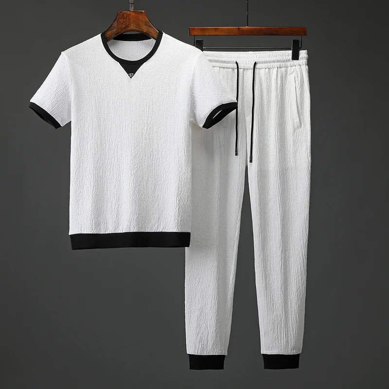 New Summer Thin Mens Sets (t-shirt+pants) Luxury Short Sleeve Wrinkle Fabric Male Sets Fashion Elastic Waist Man Suits 4XL