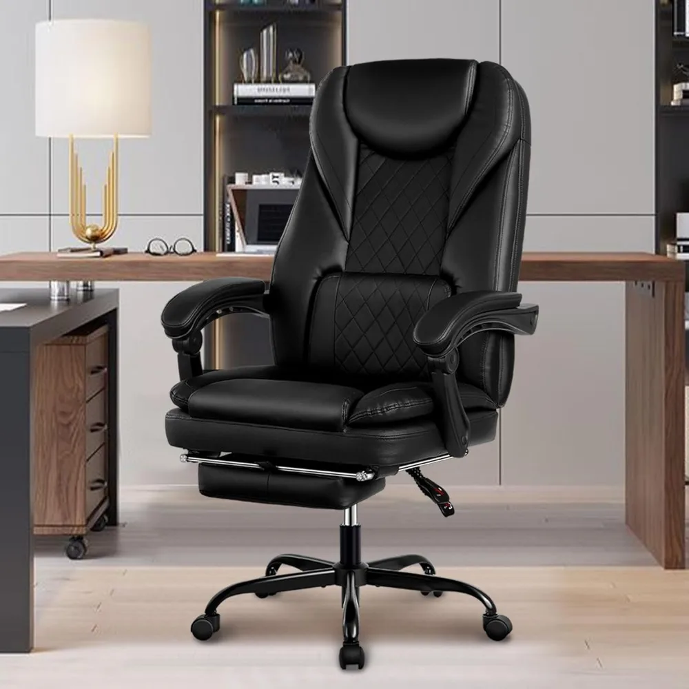 

Tall Office Chair, Reclining Leather Chair with Footrest, Ergonomic Home Desk and Chair with High Backrest (black)