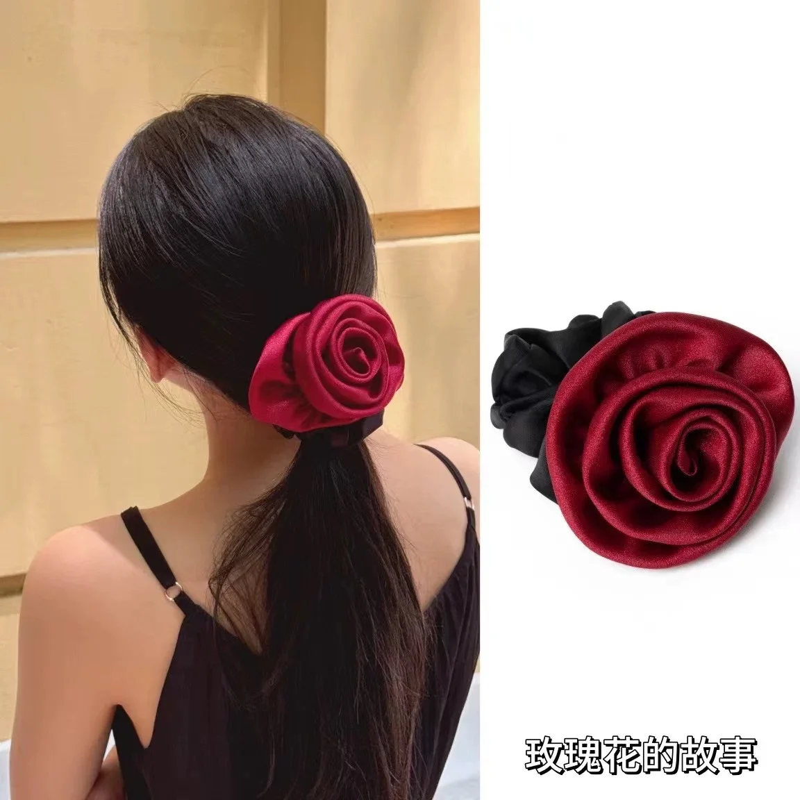ニューレトロフレンチサテンローズ大腸ヘアバンドエレガント高級感ポニーテールヘッドバンドヘアアクセサリー女性用