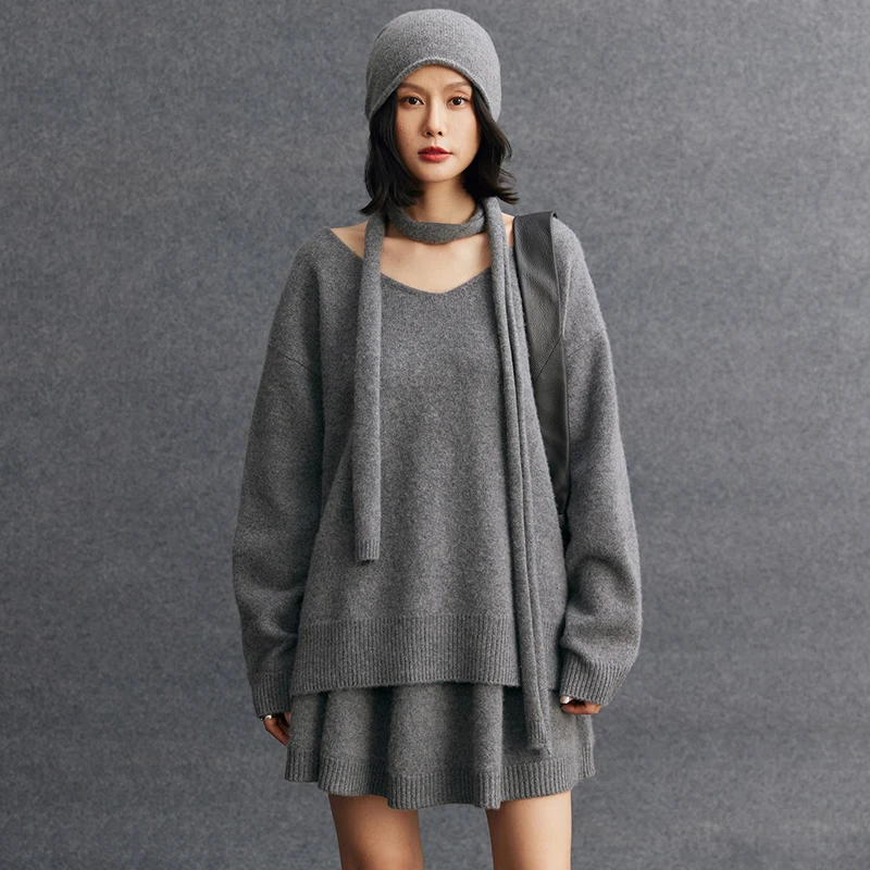 100% Goat Cashmere Sweater Women V-Neck Pullover Autumn Winter Solid Long Sleeve Thick Soft Cashmere Knitted Loose Clothing Top