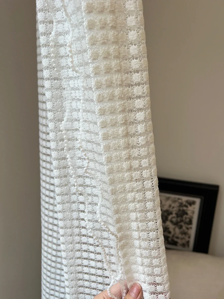 Elegant Jacquard Lattice Hollow Woven Embroidery White Gauze Drapes for Living Room Bedroom Balcony Household Interior Ornament