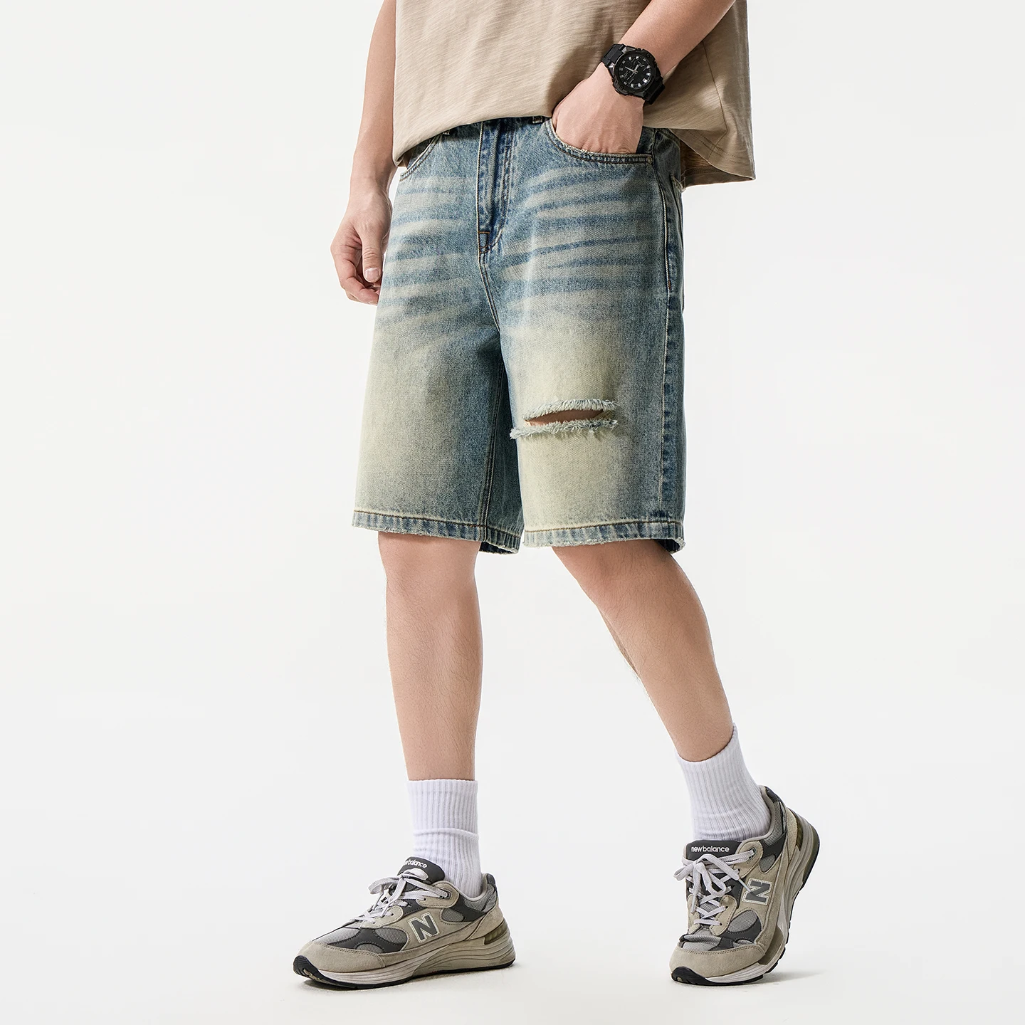 2026 summer brand non-elastic cotton wear-resistant denim shorts men's classic retro ripped popular straight youth shorts