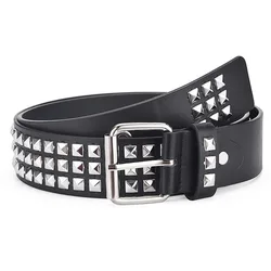 Unisex Punk Rock Pyramid-Studded Rivet Belt - Sleek Black with Grommets and Bright Metal Detailing - Fashion Accessory for Edgy