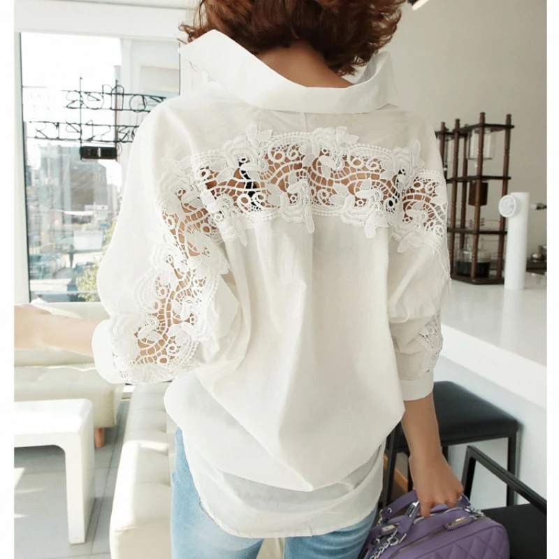 Sexy Hollow Out Lace Cotton Women\'s Shirt Korean Stylish Fashion Woman Elegant Blouse Backless Clothes 2023 Office Lady Top 1310