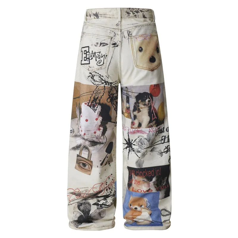 Men's Graffiti Jeans Pants Fashion High Street Digital Painted Loose Fit Y2K Denim Trousers Baggy Printed jeans Graffity Denim
