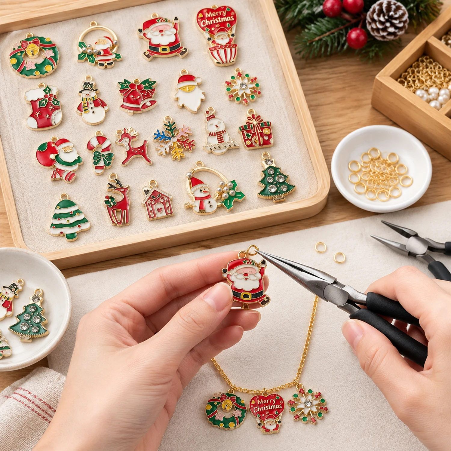 Randomly Mix 20Pcs Enamel Christmas Charms Snowman Santa Tree Penguin Reindeer Pendant For DIY Jewelry Making Accessories