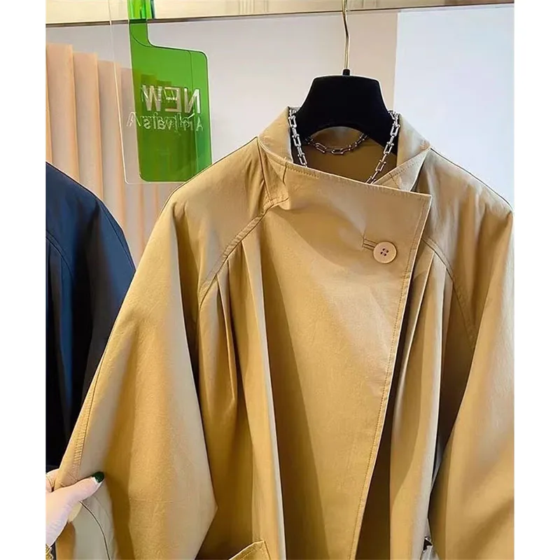 Gabardina de ocio con cuello levantado de gama alta para mujer, abrigo cortavientos holgado de longitud media, color amarillo jengibre y negro, primavera y otoño 2024