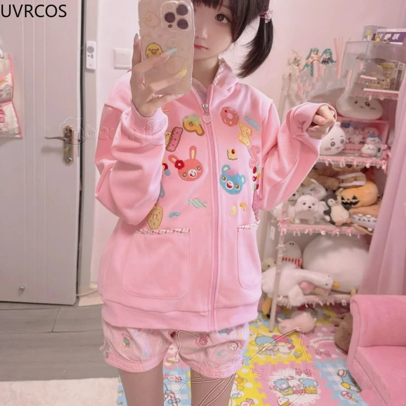 الوردي Kawaii منقوشة هوديس معطف اليابانية 2025 الملابس النسائية Y2k سستة طويلة الأكمام مقنعين الكرتون نمط جيب بلوزات