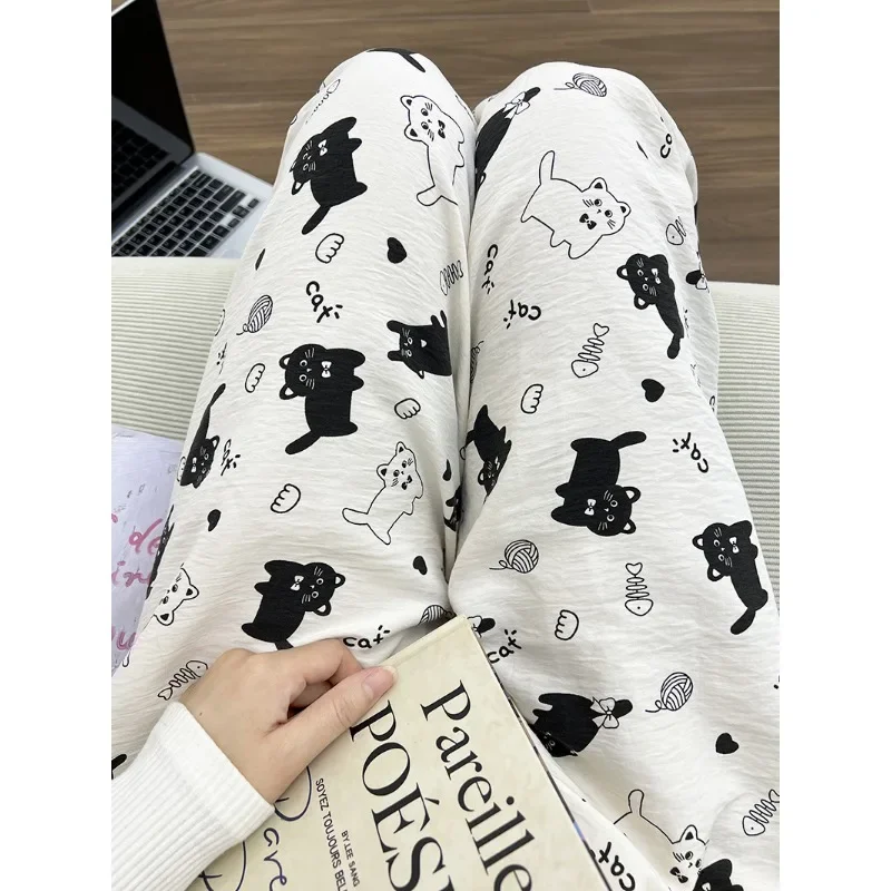 

Pajama Pants Women Summer White Cartoon Kitten Trousers Thin Student Home Pants Rainbow Stripes High Waist Straight Leg Loose