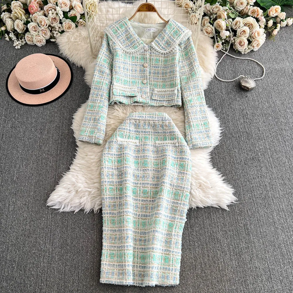 Ladies' coarse woolen 2-pcs set, doll collar jacket+skirt, 2024 autumn and winter small fragrance style set