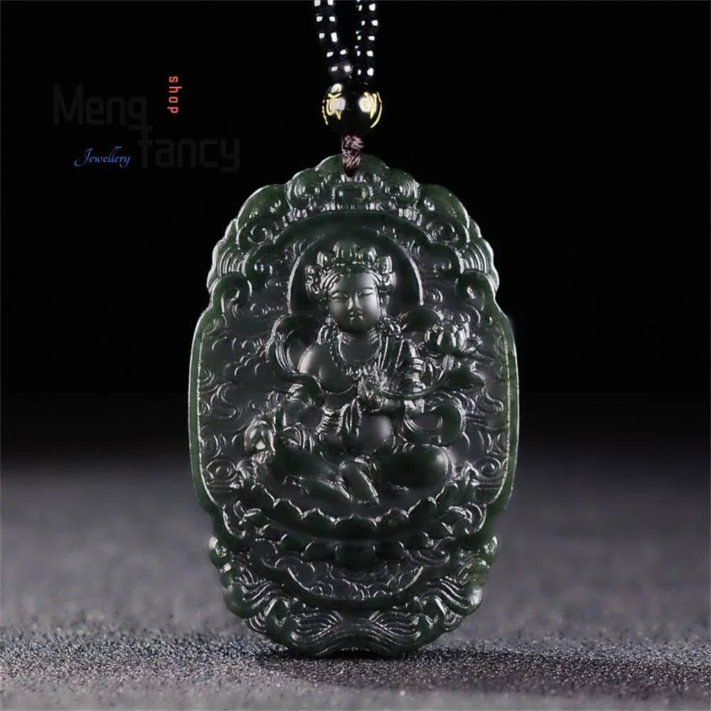 Natural Hetian Green Jade Double-sided engraving Lotus Flower Goddess of Mercy Pendant Buddhist Amulets Fashion Luxury Jewelry