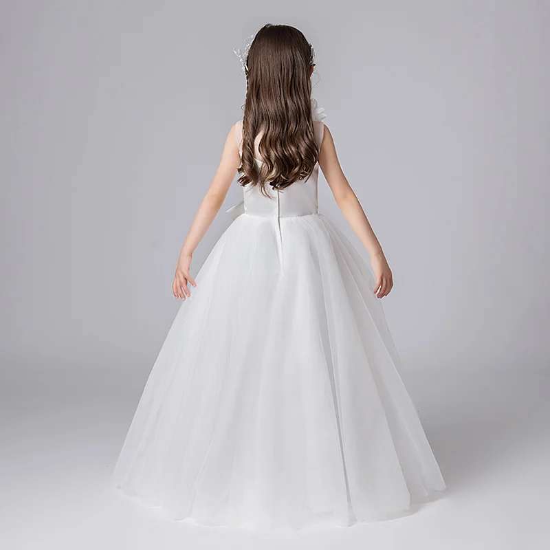 YZYmanualroom Girls Bow White Princess Dress Children's Elegant dress Junior Bridesmaid dress Birthday Concert/customizable