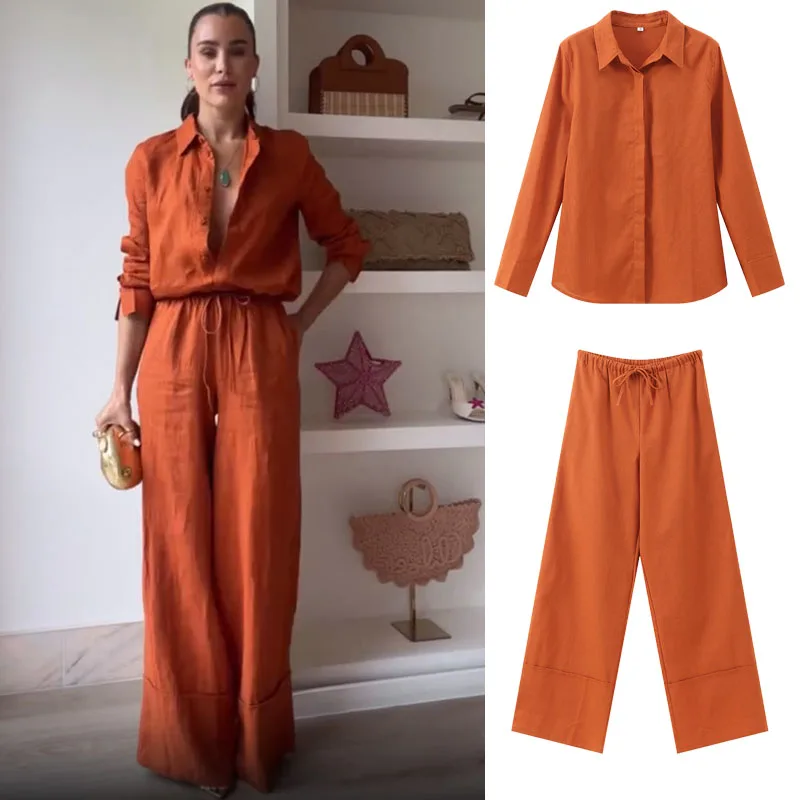 

Fashion Cotton Linen Drawstring Pants Set For Women Elegant Lapel Long Sleeve Single Breasted Shirt Suit Lady Summer Outfit 2025