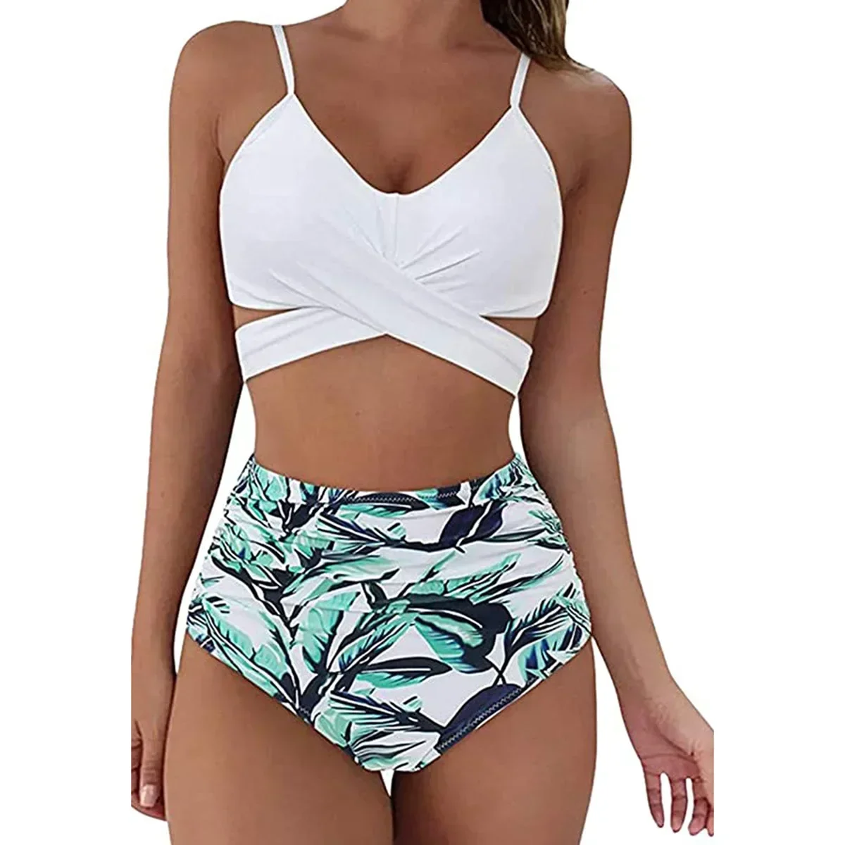 Solid Top Printed Bottom Bikini Set 2023 Sexy Swimwear Women High Waist Swimsuit Cross Push Up Bikini Plus Size Bathing Suit XXL