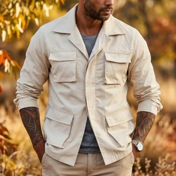 Spring/Autumn Men's Multi-pocket Cargo Jacket | Thin & Practical Streetwear Solid Color Outerwear [New Arrival] 7