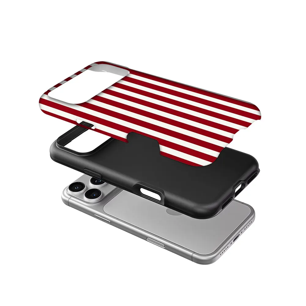 Burgundy White Stripes For iPhone 18 17 16 15 14 13 12 11 Pro Max Plus Single Double-Layer Fashion Tough Magnetic Phone Case