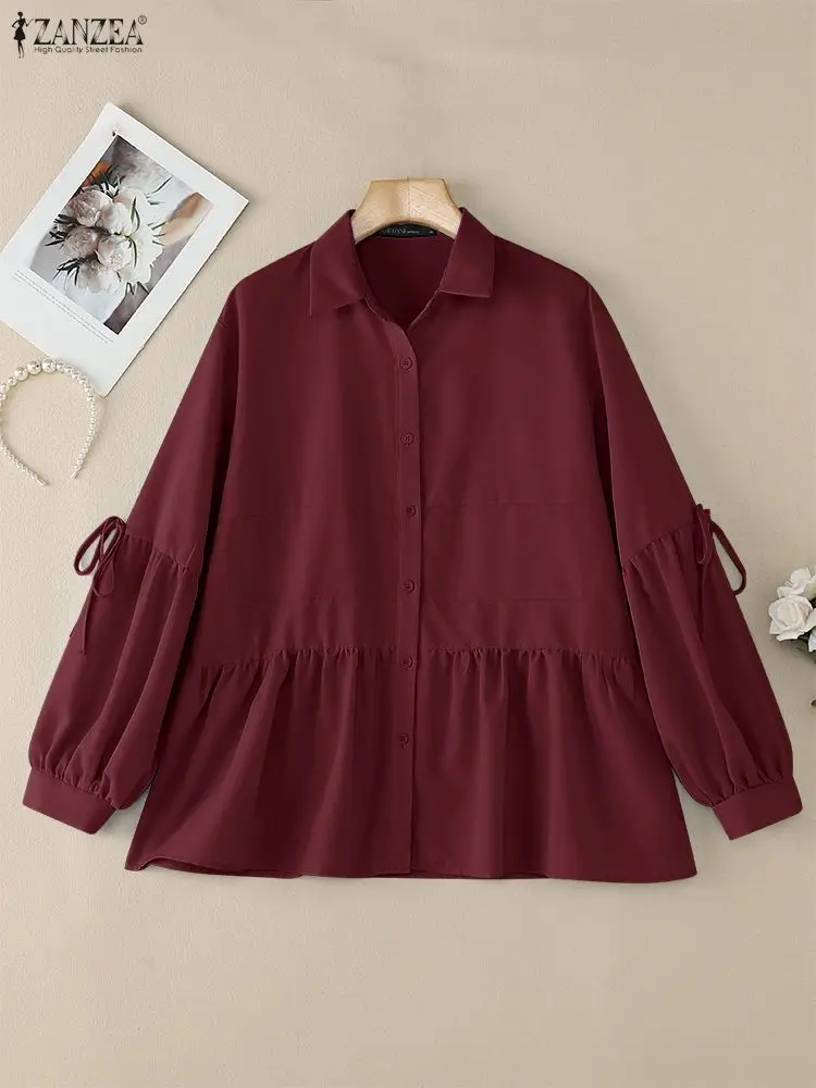 2025 ZANZEA otoño camisa de oficina blusa de mujer elegante cuello de solapa Tops de manga larga Casual con cordones Chemise sólido botón abajo Blusas