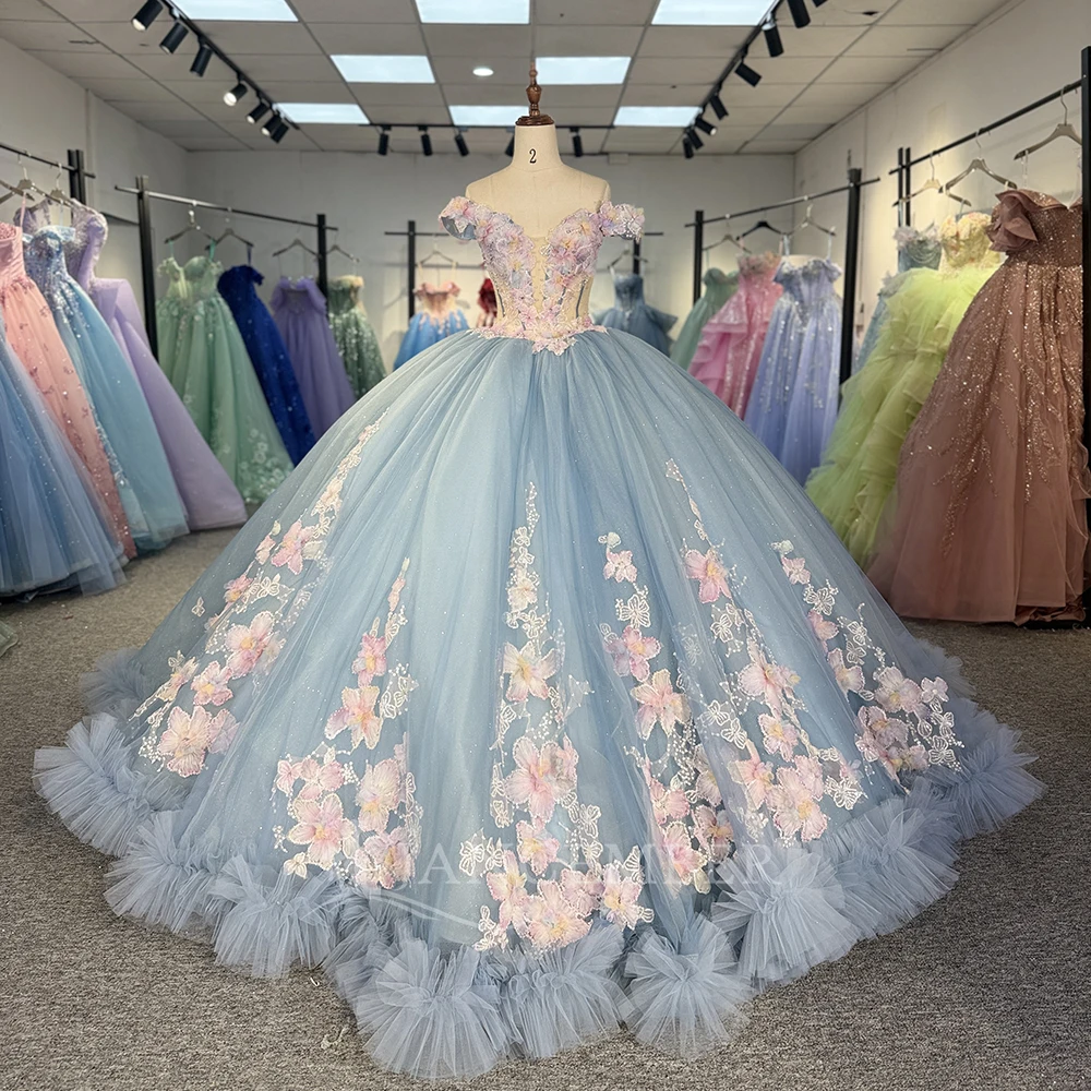 

Небесно-голубое блестящее платье принцессы Sweet 16, платье Quinceanera, платья с аппликацией, кружевной корсет с бусинами, многоуровневый тюль, вечерние платья для дня рождения