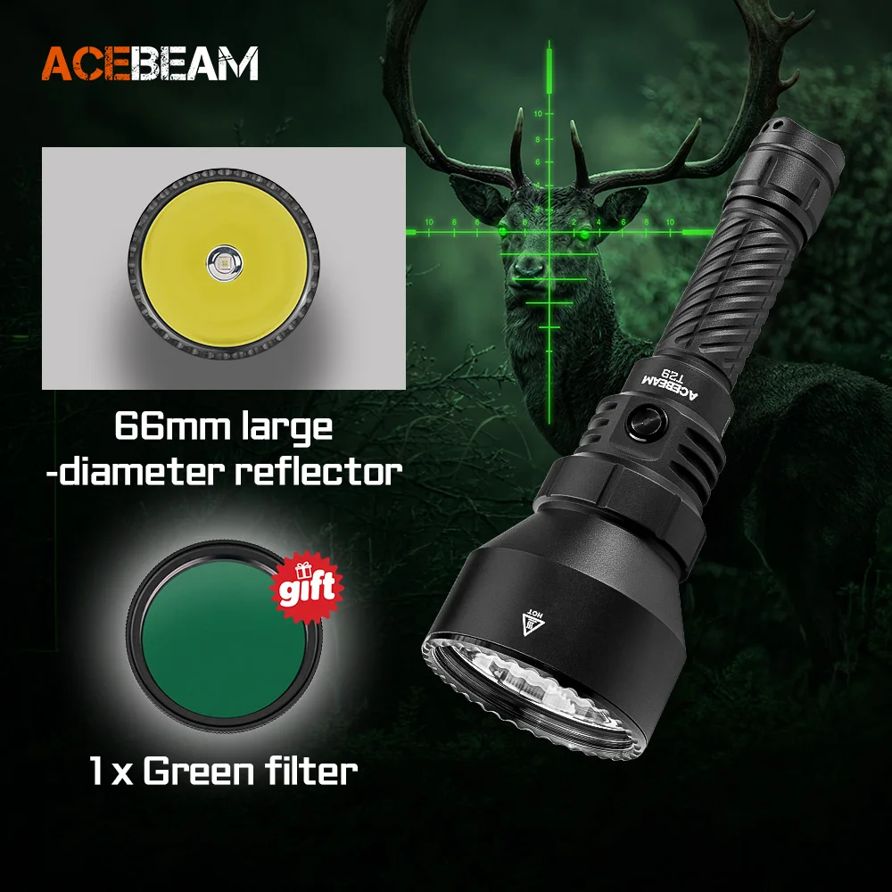 Linterna de Caza ACEBEAM T29 de Largo Alcance y Alta Potencia, 2900 lúmenes, 1400 metros, Batería Recargable USB C, para Caza Profesional