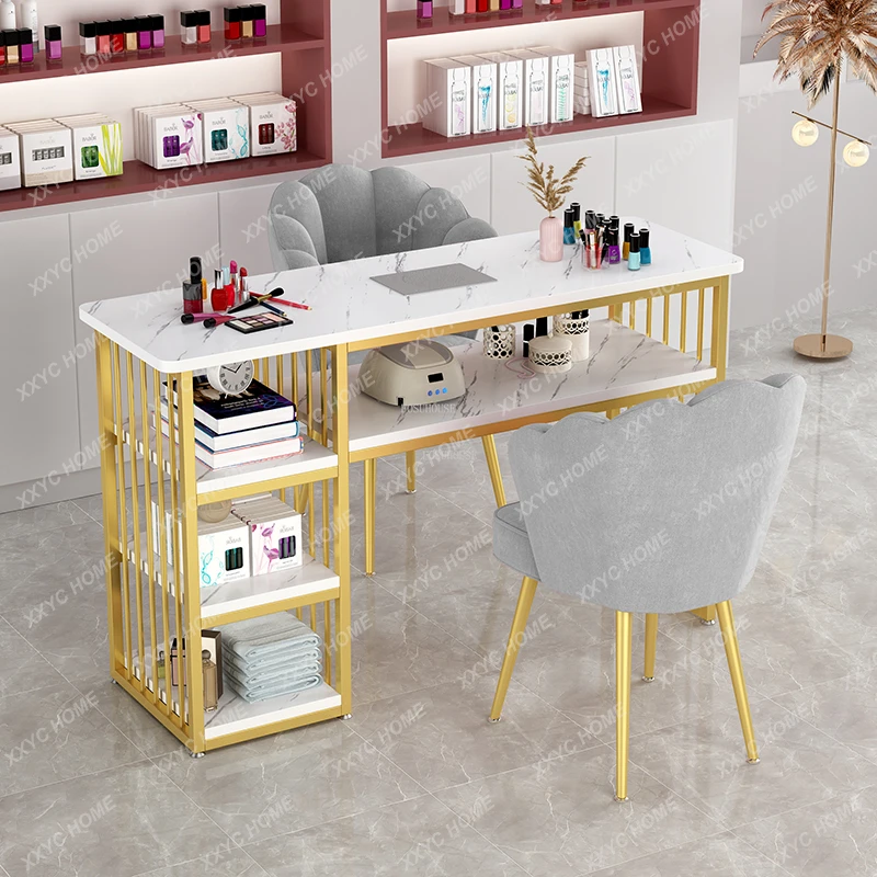 Modern Light Luxury Golden Nail Tables Nordic Professional Manicure Table with Vacuum Cleaner  Furniture Storage Nail Table