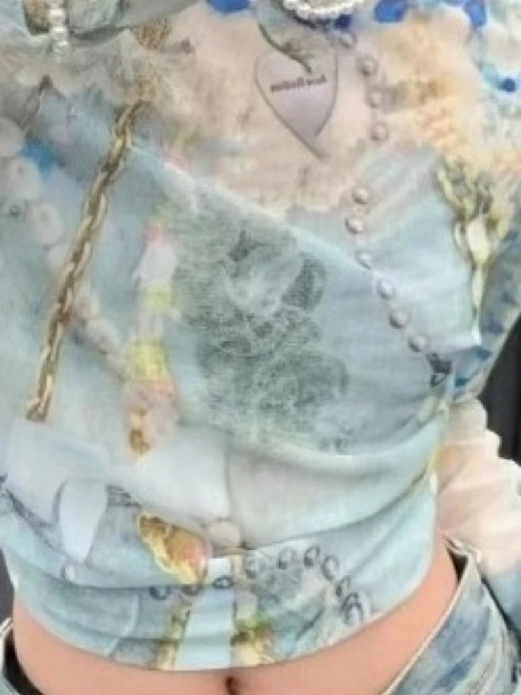 2025 Y2k الجمالية الشاش الطباعة الخريف تي شيرت المرأة Harajuku الجرونج اقتصاص القمم الشارع الشهير الجنية Bodycon انظر من خلال بلايز