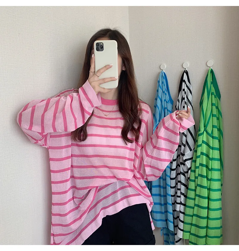 Early autumn thin loose design split knit sun protection pink striped ice silk long sleeved t-shirt for women