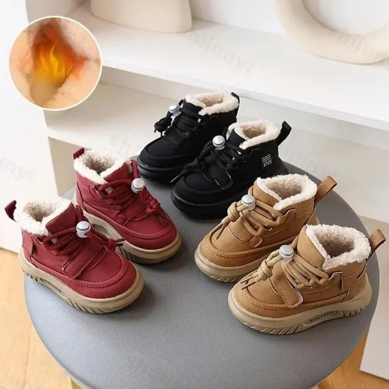 

2025 Winter New Children's Boots Boys Plush Cashmere Thicken Warm Snow Boots Girls Non-slip Outdoor Ankle Boots Student Shoes