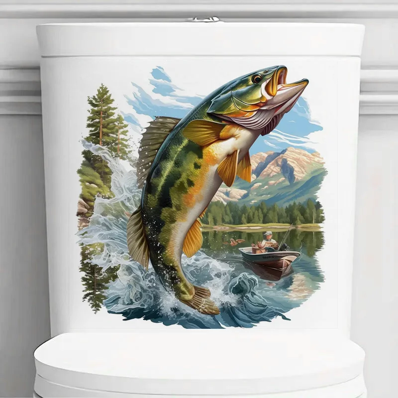 Jumping Bass Fish Toilet Stickers, Bedroom Entryway Living Room Porch Home Decoration Wall Stickers, Removable Stickers