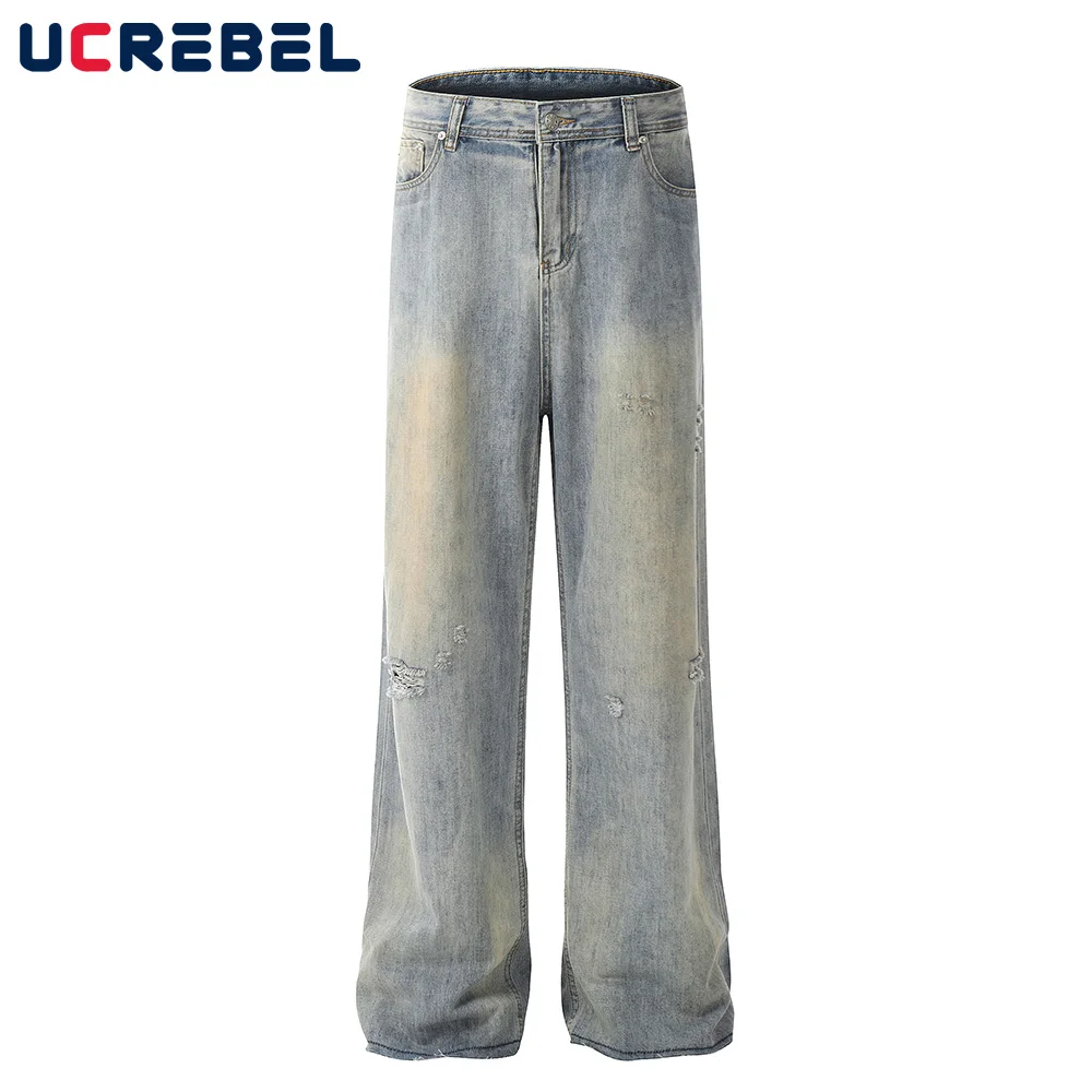 

Ripped Raw Edge Jeans Mens Vintage High Street Washed Distressed Loose Straight Denim Flare Pants Men