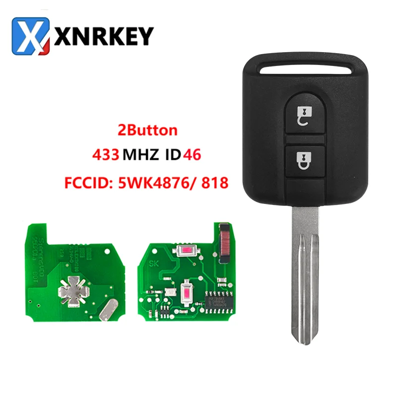 XNRKEY 5WK4876/ 818 433MHz ID46 PCF7946 Chip 2 Button Remote Key Fob For Nissan Elgrand X-TRAIL Qashqai Navara Micra Note NV200